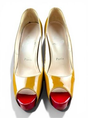 Christian Louboutin Yellow Patent Leather Peep-Toe Pumps with Red Platform